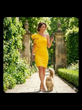 Elegant Bright Yellow Crew Neck Midi Dress with Vertical Ruffle - Size 14 (Tag 6